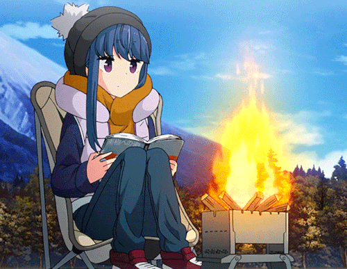 An animated girl in sensible, charming fall attire reads a book while sitting in her campsite in front of a portable metal fire pit.